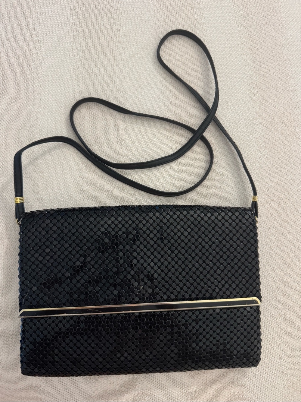 Whiting & Davis Black Mesh Crossbody with Gold Bar Trim